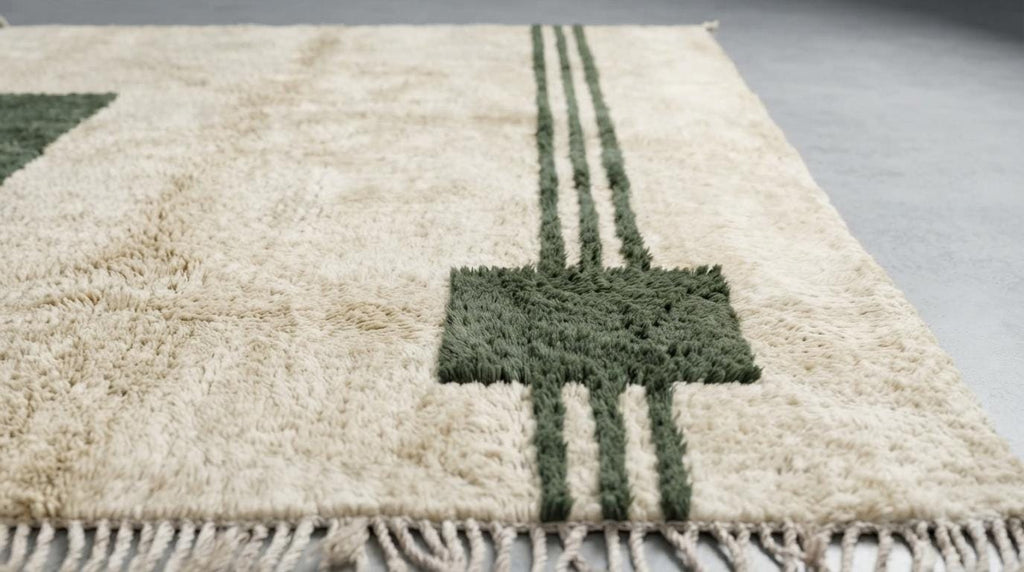 Handmade Geometric Moroccan Rug - Plush Cream Wool with Emerald Line Motif - Minimalist Berber Style Area Rug for Modern Home Decor