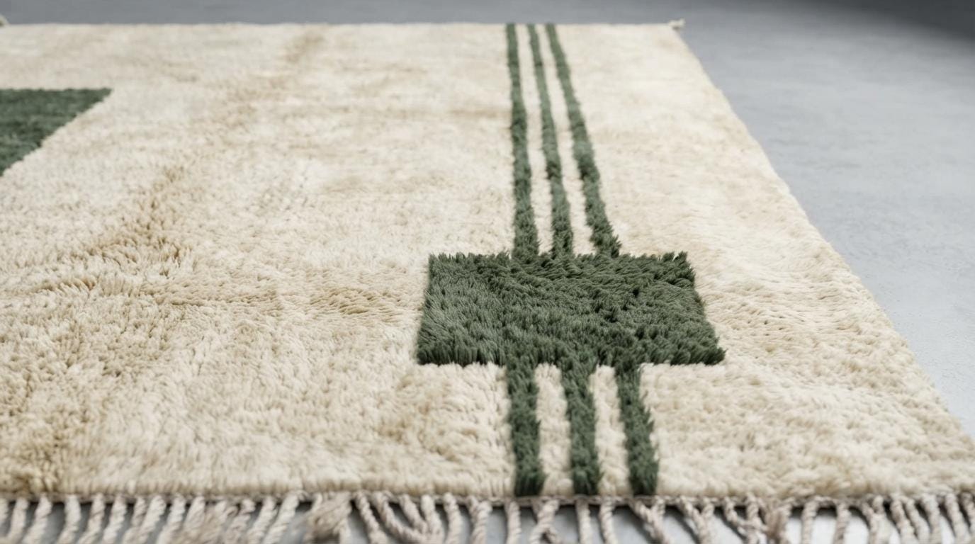 Handmade Geometric Moroccan Rug - Plush Cream Wool with Emerald Line Motif - Minimalist Berber Style Area Rug for Modern Home Decor
