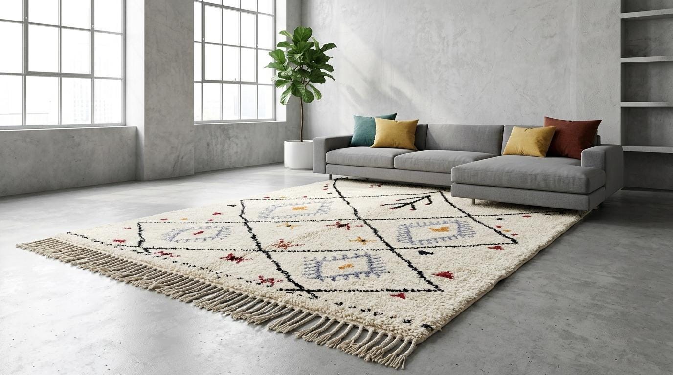 Hand-Knotted Wool Rug | Modern Moroccan Diamond Pattern, Cream Base