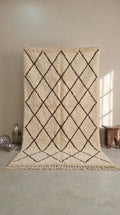 Traditional Moroccan Beni Ourain Rug - Plush Cream Wool with Dark Brown Diamond Lattice - Handwoven Tribal Area Rug - Artisanal Home Decor