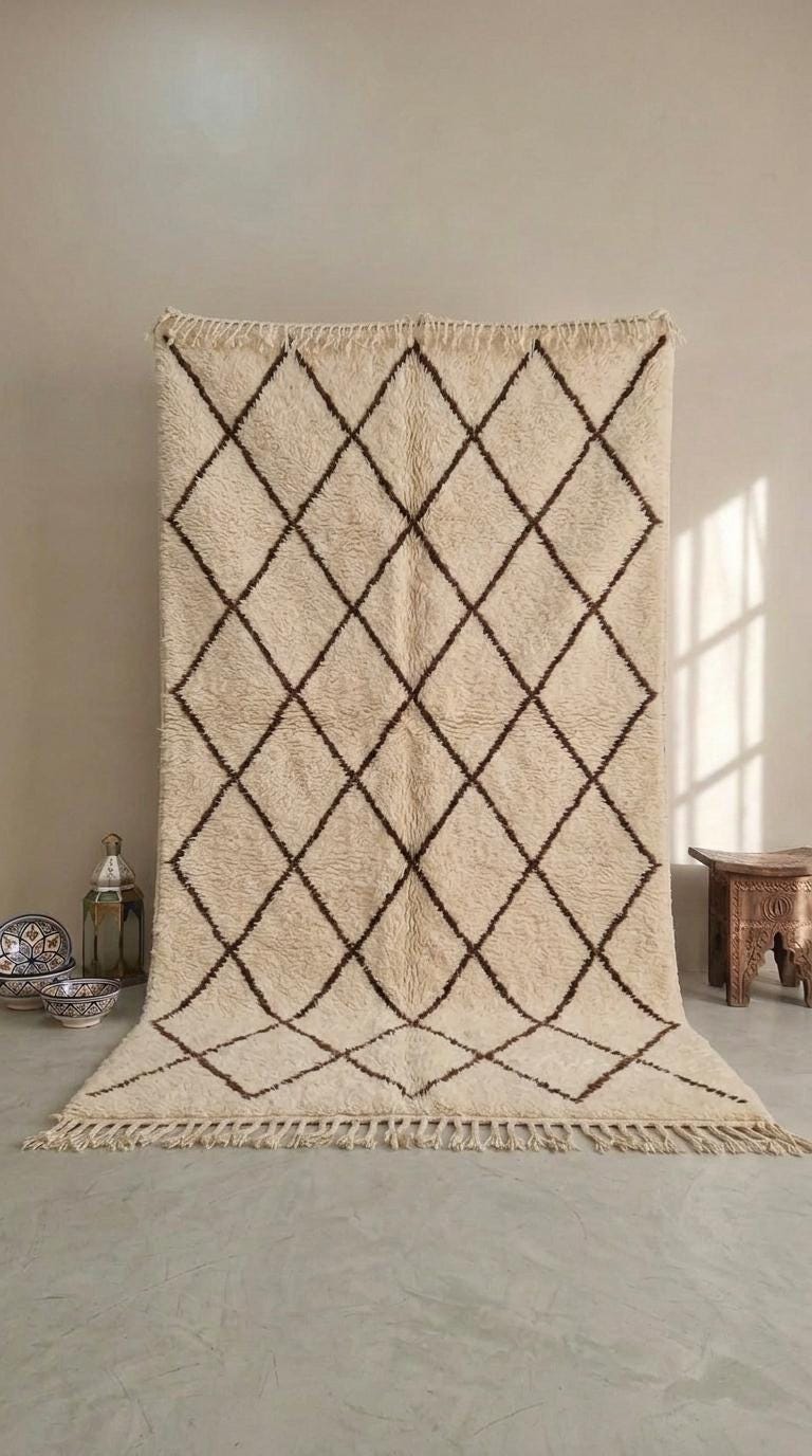 Traditional Moroccan Beni Ourain Rug - Plush Cream Wool with Dark Brown Diamond Lattice - Handwoven Tribal Area Rug - Artisanal Home Decor