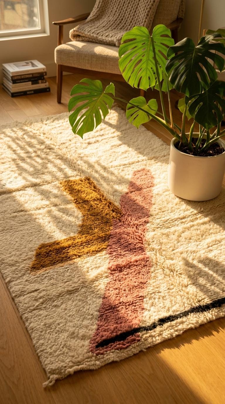 Hand-Knotted Moroccan Wool Rug | Abstract Geometric Mustard, Pink, Black Shapes