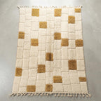 Moroccan  Wool Rug, Hand-Knotted Mustard and Cream Berber Carpet, Modern Geometric Area Rug