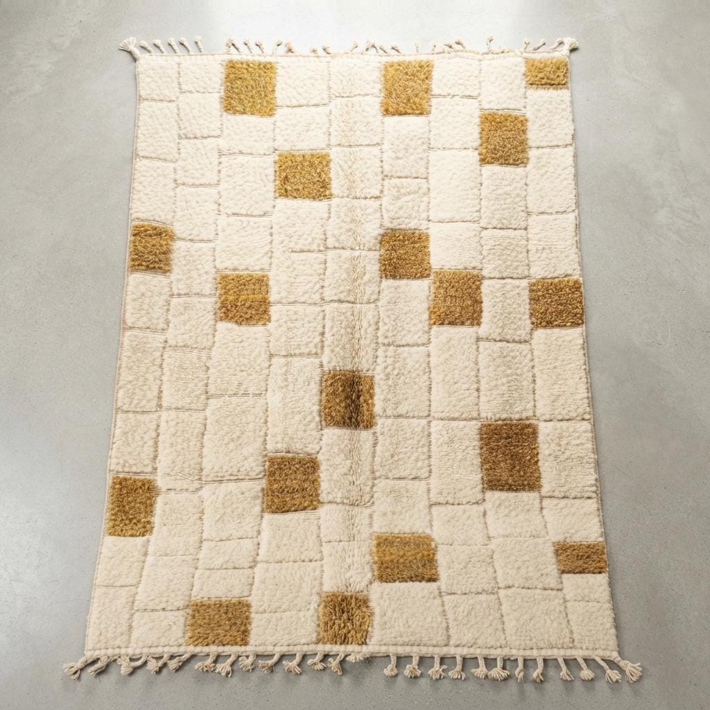 Moroccan  Wool Rug, Hand-Knotted Mustard and Cream Berber Carpet, Modern Geometric Area Rug