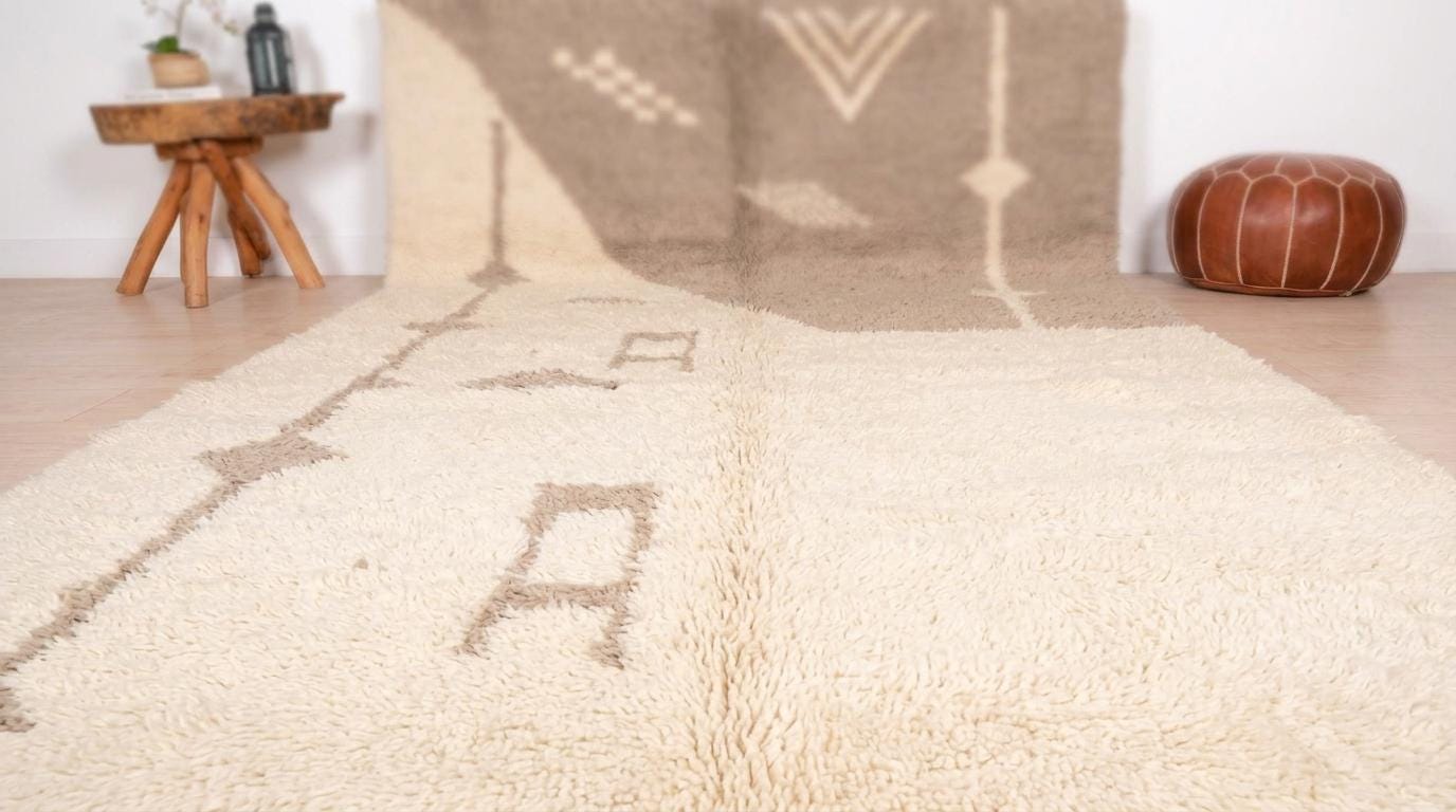 Hand-Knotted Moroccan  Wool Rug | Abstract Taupe Diamonds, Cream | i Minimalist Area Rug