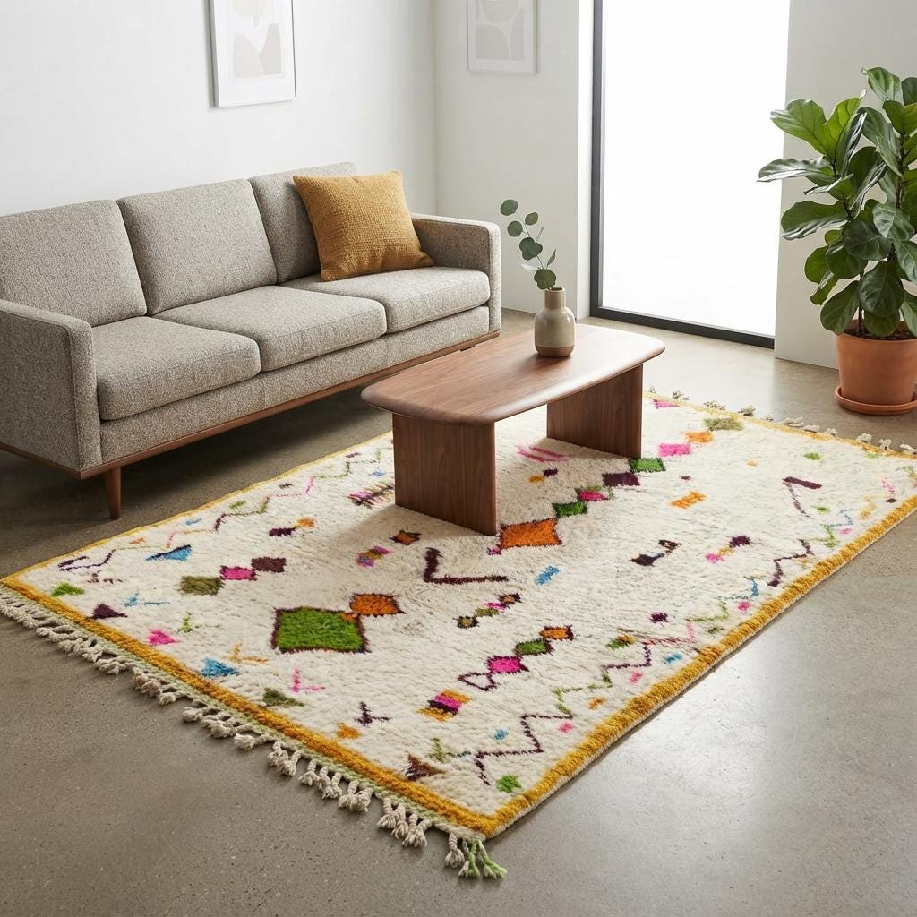 Hand-Knotted Wool  Carpet, Colorful Geometric Patterns, Bohemian Floor BerberArt