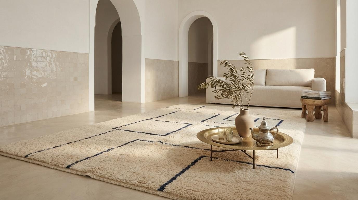 Modern Moroccan Geometric Shag Rug - Plush Cream Wool with Navy Blue Outlines - Hand-Tufted Berber Style Area Rug