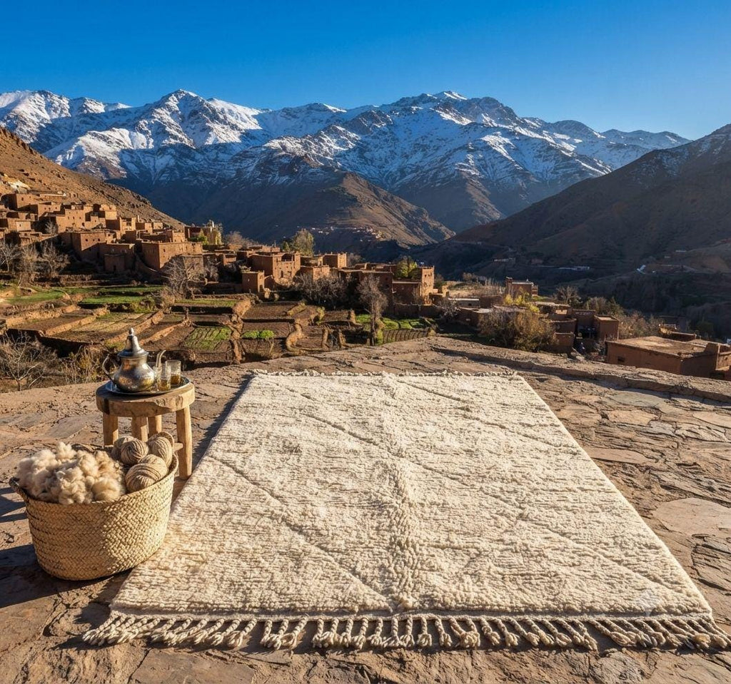 Minimalist Moroccan Berber Rug, Hand-Knotted Cream Wool Carpet, Beni Ourain Style Living Room