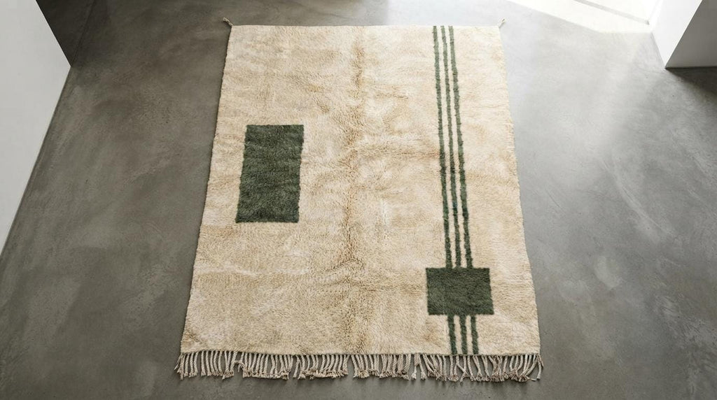 Handmade Geometric Moroccan Rug - Plush Cream Wool with Emerald Line Motif - Minimalist Berber Style Area Rug for Modern Home Decor