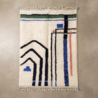 Hand-Knotted Moroccan Geometric Rug – Cream, Blue, Green, Red Berber Tribal Home Decor