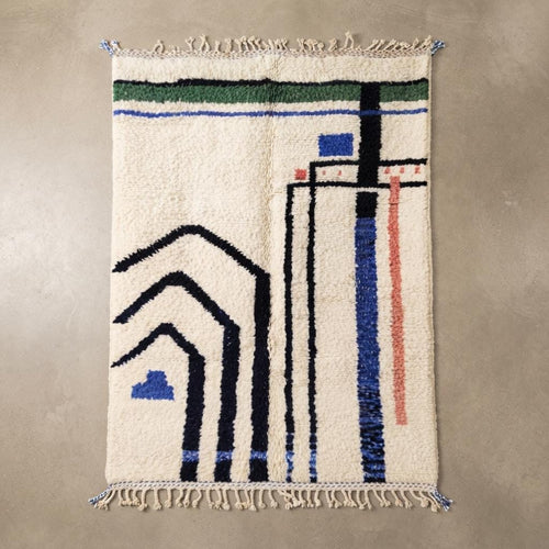 Hand-Knotted Moroccan Geometric Rug – Cream, Blue, Green, Red Berber Tribal Home Decor