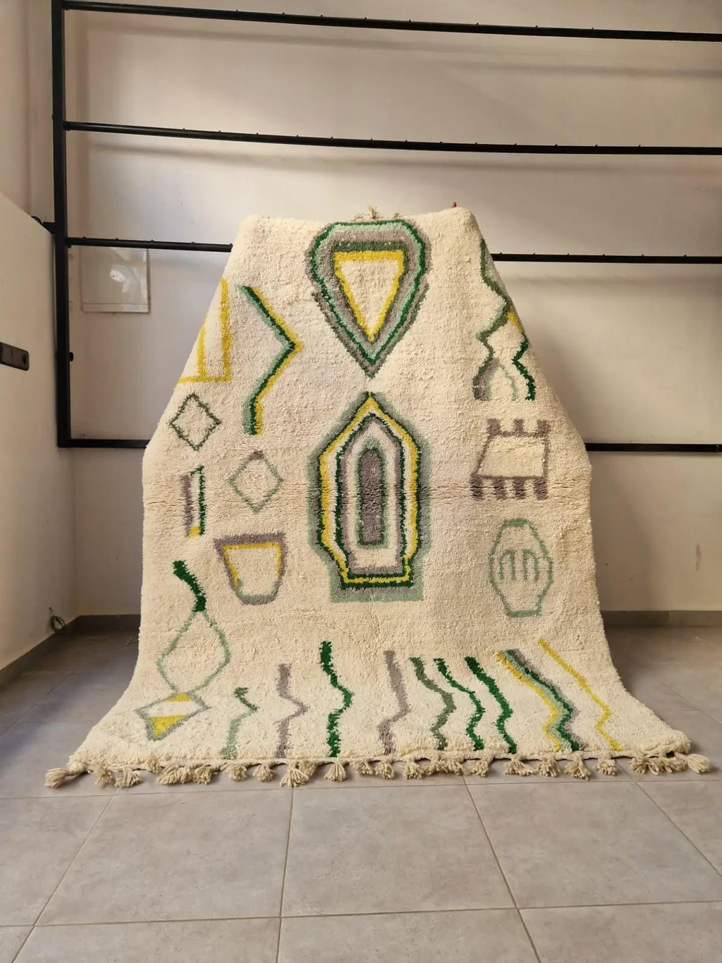 Beni Ourain Wool Rug – Cream Geometric Tribal Motifs, Handwoven Berber Area Rug