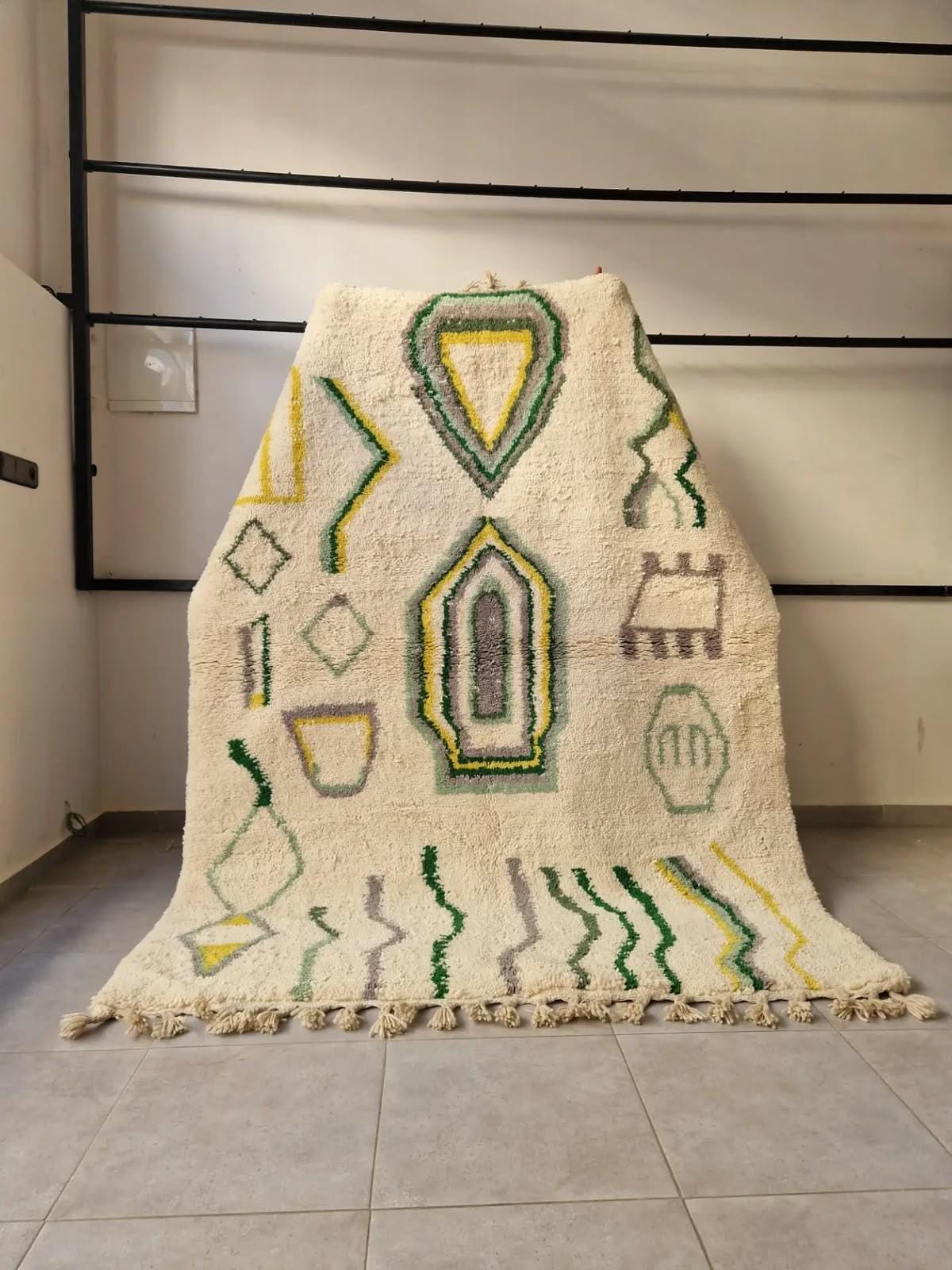 Beni Ourain Wool Rug – Cream Geometric Tribal Motifs, Handwoven Berber Area Rug