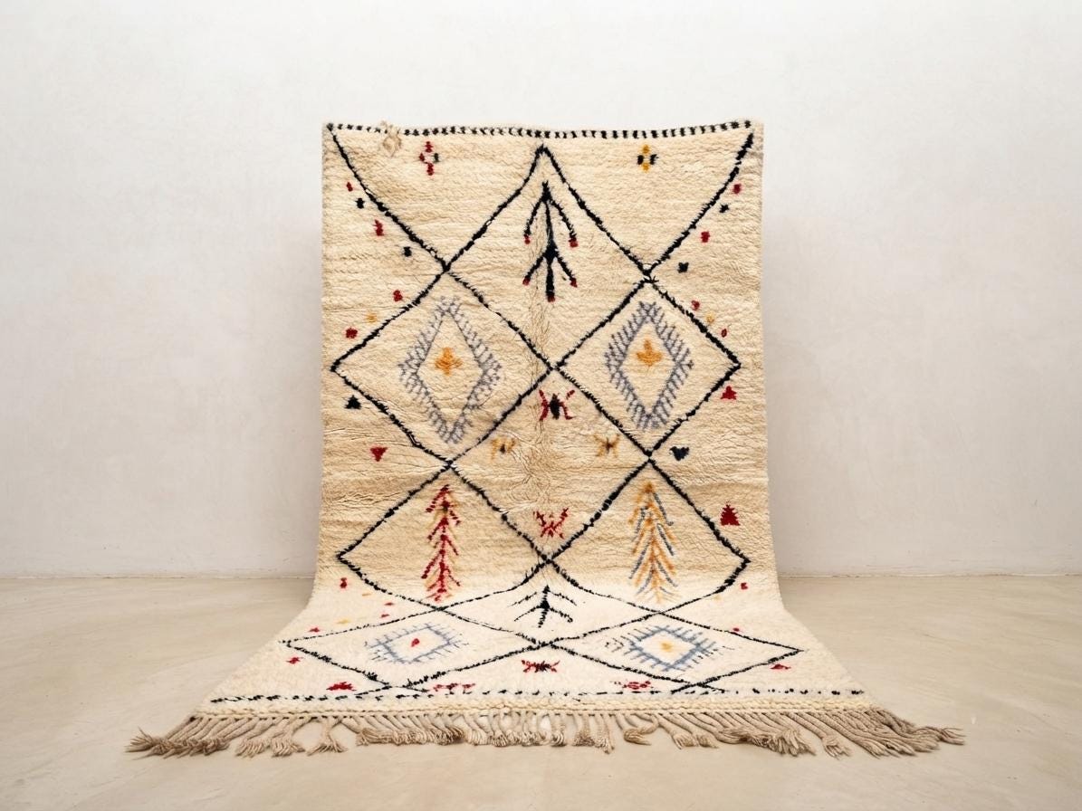 Hand-Knotted Wool Rug | Modern Moroccan Diamond Pattern, Cream Base