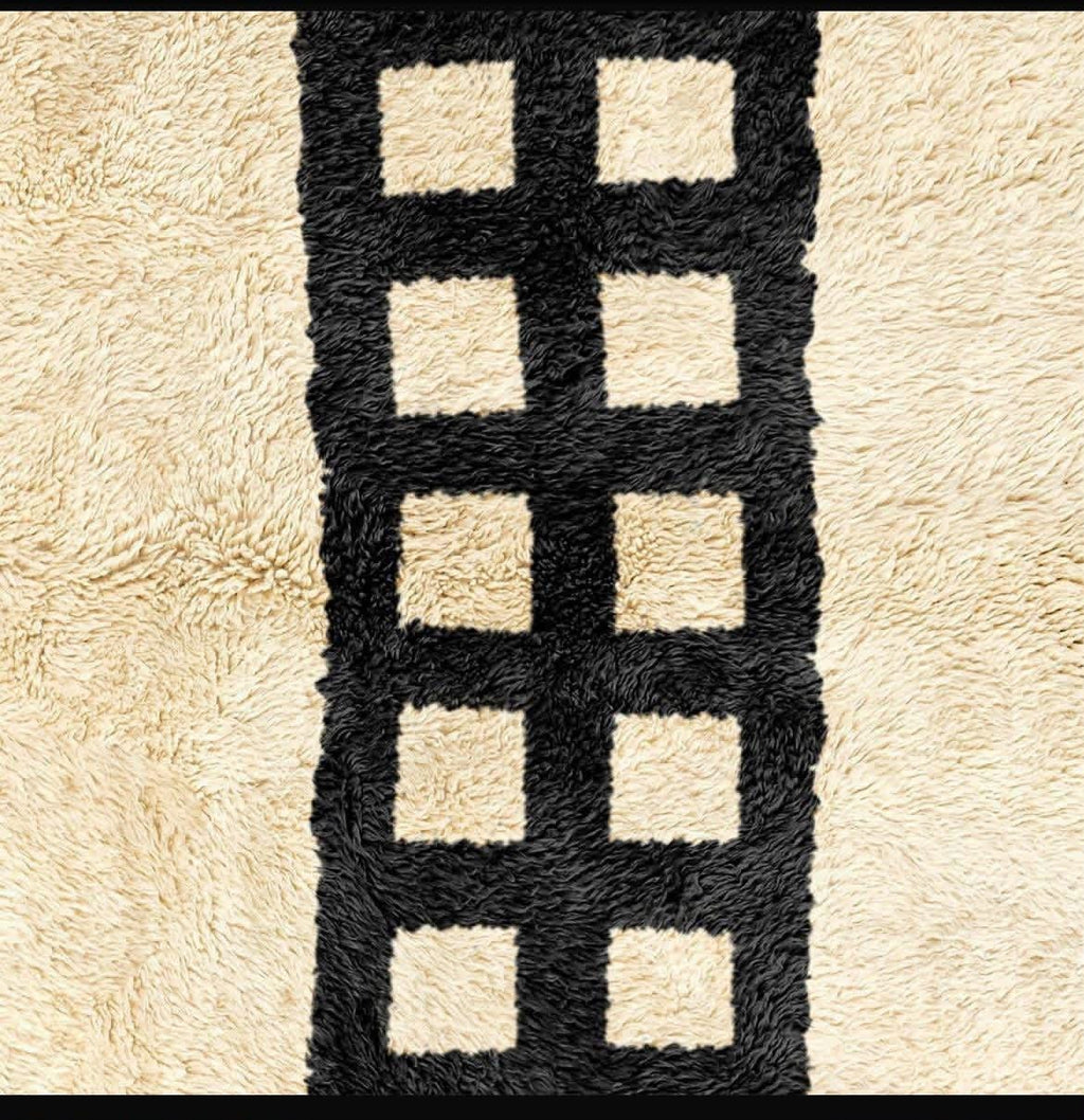 Cream & Black Geometric Wool Rug – Boho Shag Pile