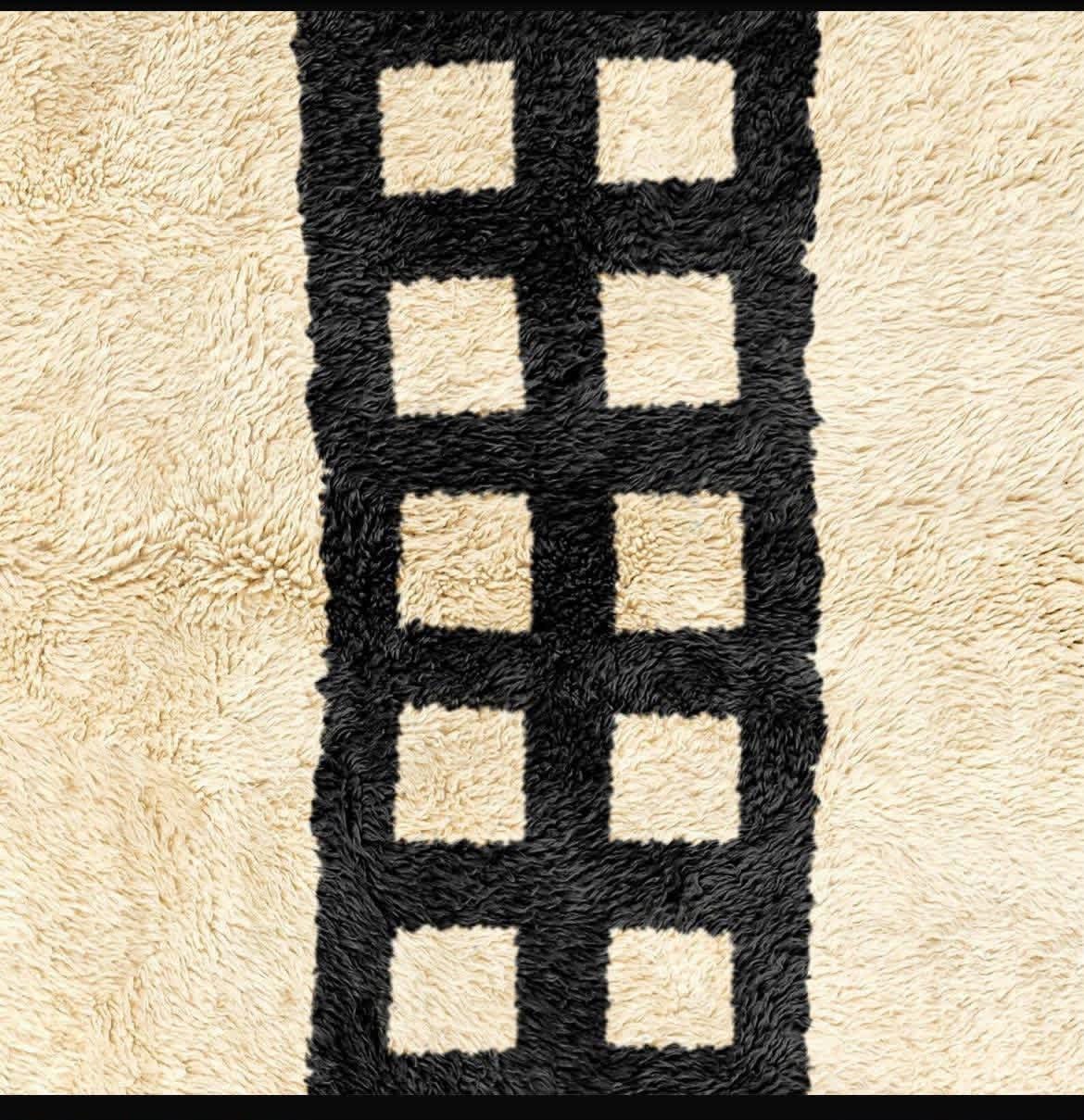 Cream & Black Geometric Wool Rug – Boho Shag Pile