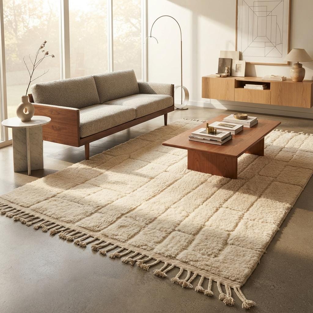 Moroccan Rug, Cream  authentic Wool Beni Ourain Rug, Authentic Moroccan Geometric Carpet