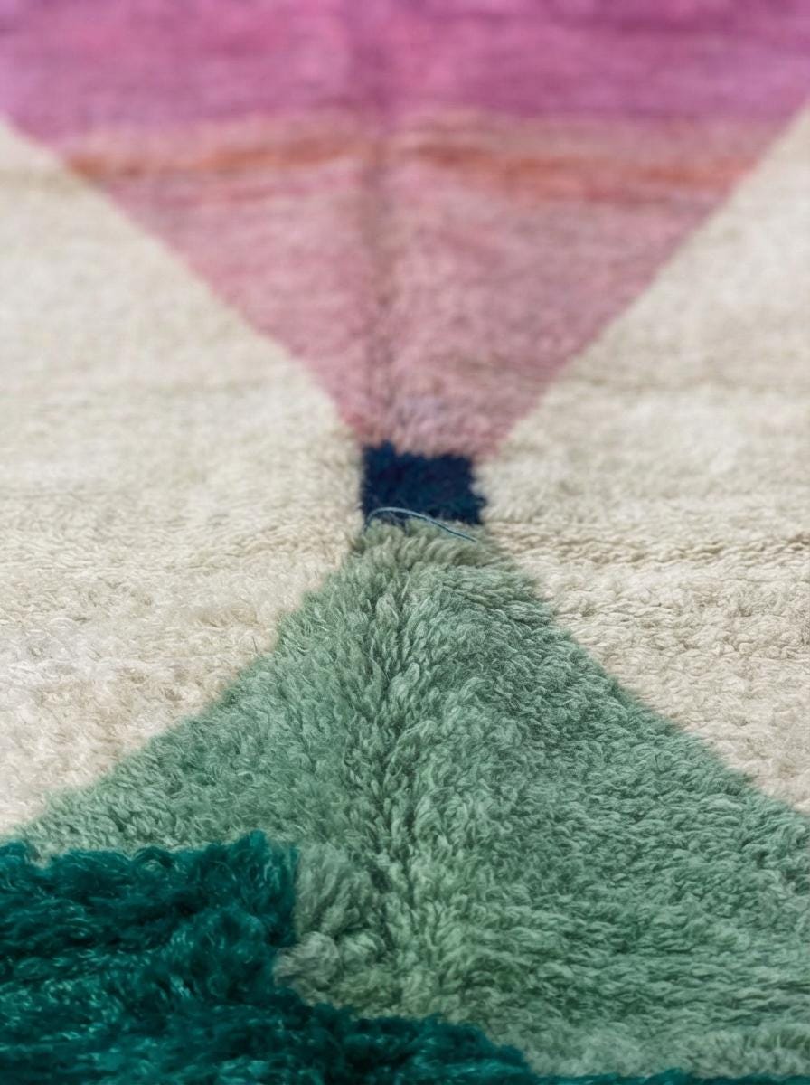 Hand-knotted Moroccan Shaggy Rug – Geometric Triangles, Wool, Pink Green Blue Decor
