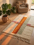 Hand-Knotted Moroccan Rug – Organic Wool Geometric Stripe Tassel Fringe