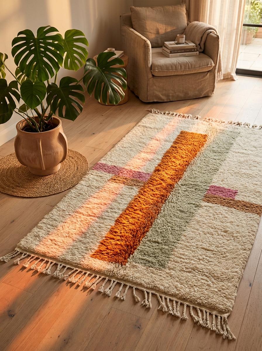Hand-Knotted Moroccan Rug – Organic Wool Geometric Stripe Tassel Fringe