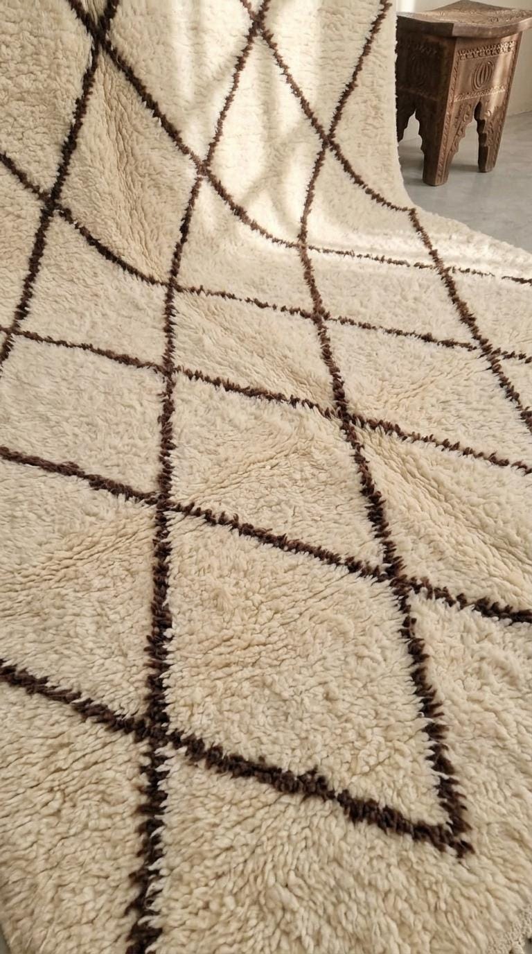 Traditional Moroccan Beni Ourain Rug - Plush Cream Wool with Dark Brown Diamond Lattice - Handwoven Tribal Area Rug - Artisanal Home Decor