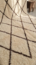 Traditional Moroccan Beni Ourain Rug - Plush Cream Wool with Dark Brown Diamond Lattice - Handwoven Tribal Area Rug - Artisanal Home Decor