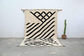 Hand-Knotted Moroccan Geometric Wool Rug – Cream Black Diamond Berber Tasseled Area Carpet