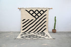 Hand-Knotted Moroccan Geometric Wool Rug – Cream Black Diamond Berber Tasseled Area Carpet