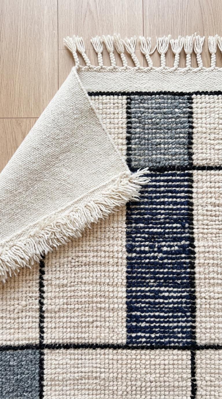 Navy Bleu Moroccan Rug, Geometric Block Area Rug,  Grey Shag, Hand-Tufted Boho Decor