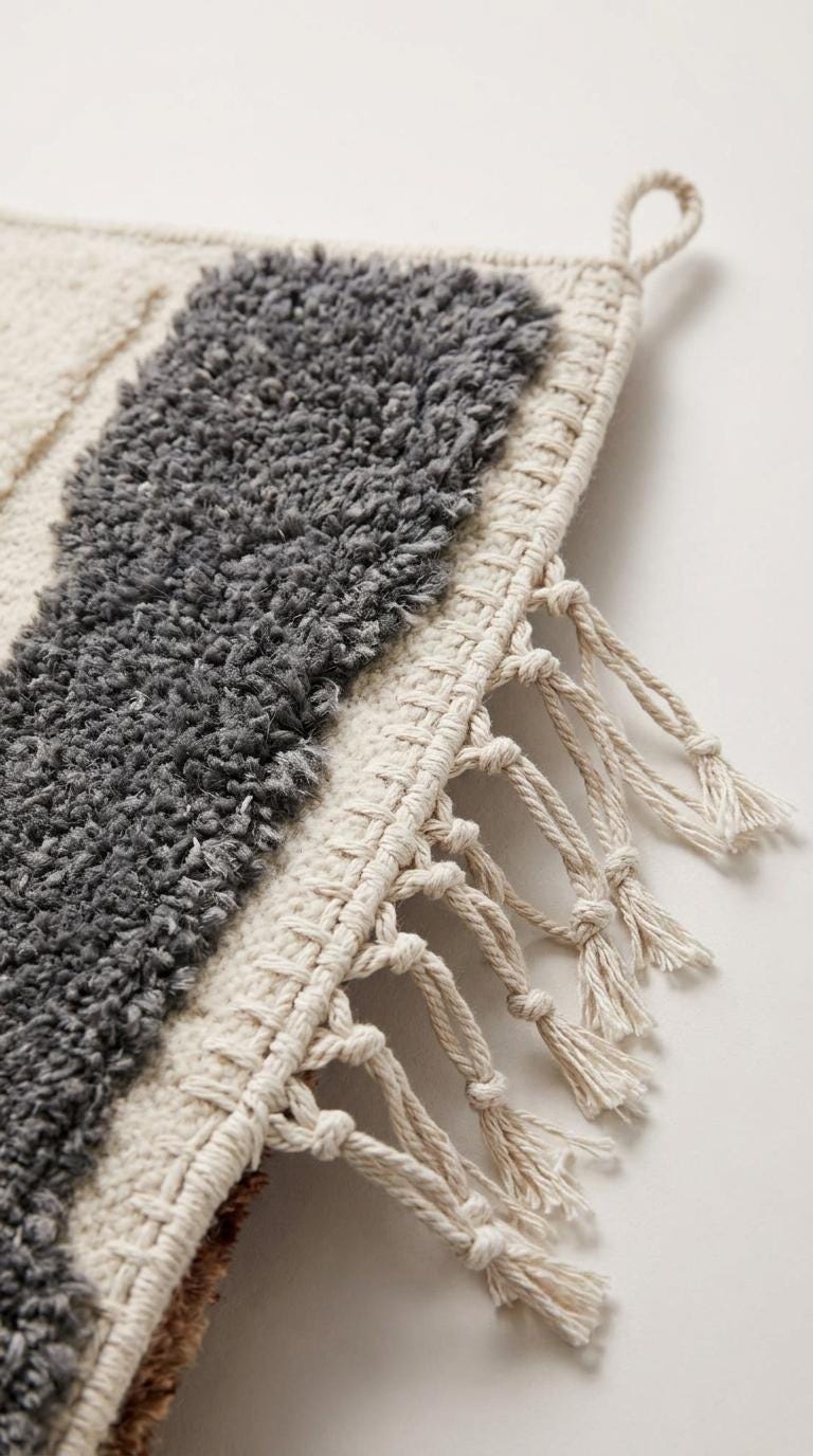 Hand-Knotted Moroccan Wool Rug, Geometric Stripes, Cream Base, Mid-Century Modern Decor