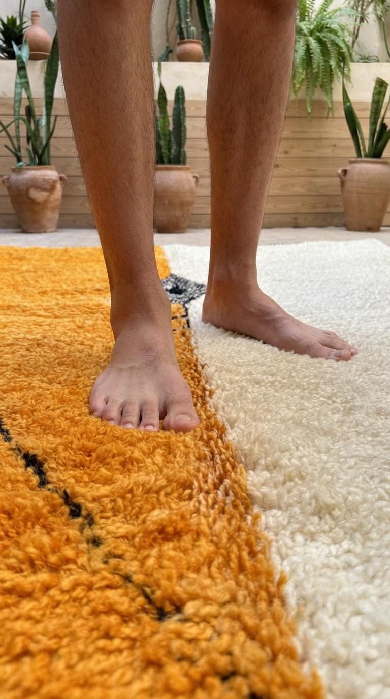 Hand-knotted Moroccan Rug – Orange, Off-White, Tassels, Tribal Decor