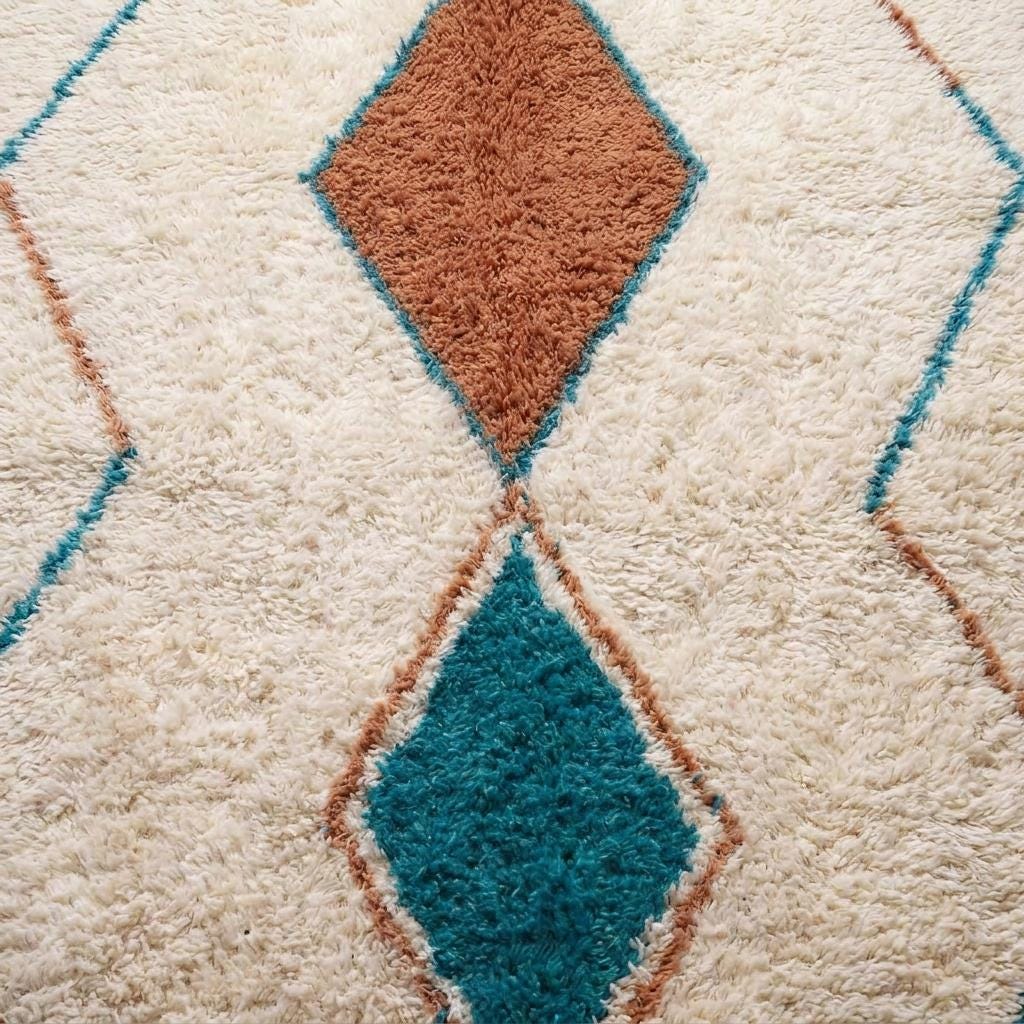 Moroccan Wool Area Rug, Cream Diamond Pattern, Boho Living Room Carpet