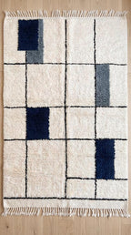 Navy Bleu Moroccan Rug, Geometric Block Area Rug,  Grey Shag, Hand-Tufted Boho Decor