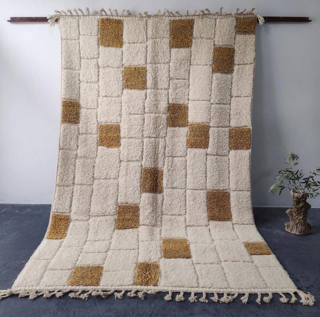 Moroccan  Wool Rug, Hand-Knotted Mustard and Cream Berber Carpet, Modern Geometric Area Rug