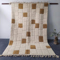 Moroccan  Wool Rug, Hand-Knotted Mustard and Cream Berber Carpet, Modern Geometric Area Rug