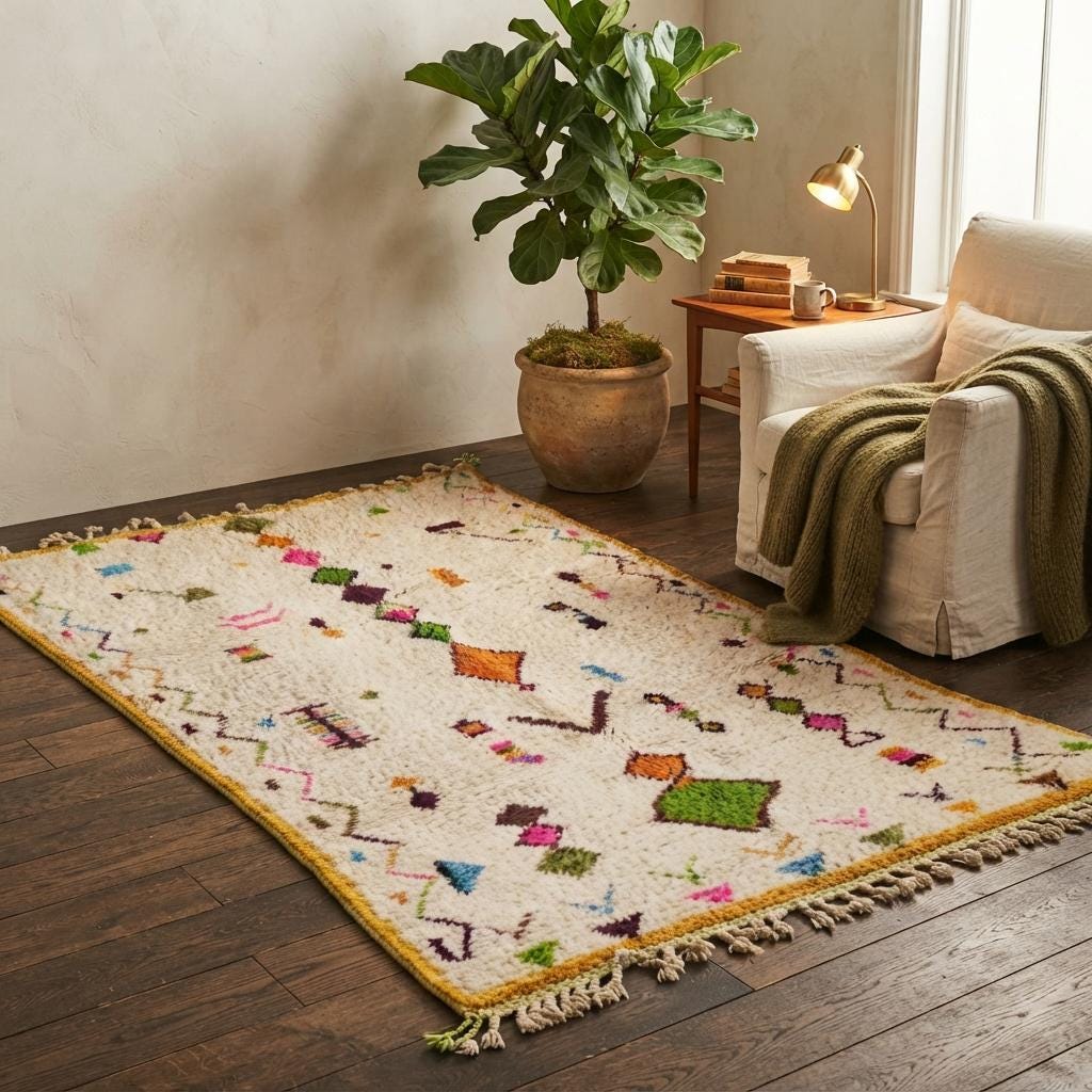 Hand-Knotted Wool  Carpet, Colorful Geometric Patterns, Bohemian Floor BerberArt